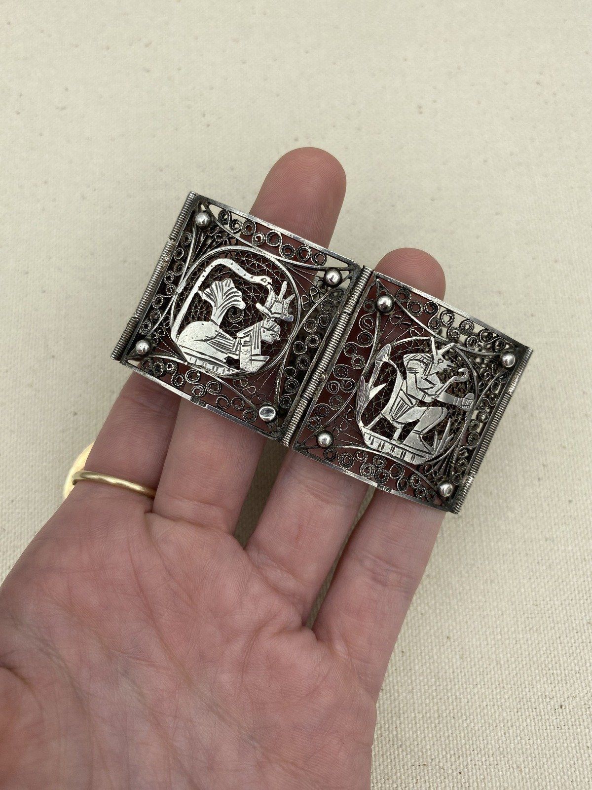 Antique c.1920s Sterling Silver Egyptian Revival Hieroglyphic Filigree Cuff Bracelet 7L 7