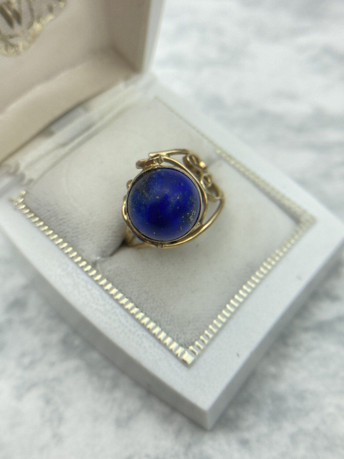 Vintage 14k Sculptural Lace Lapis Lazuli Polished Statement Ring 9