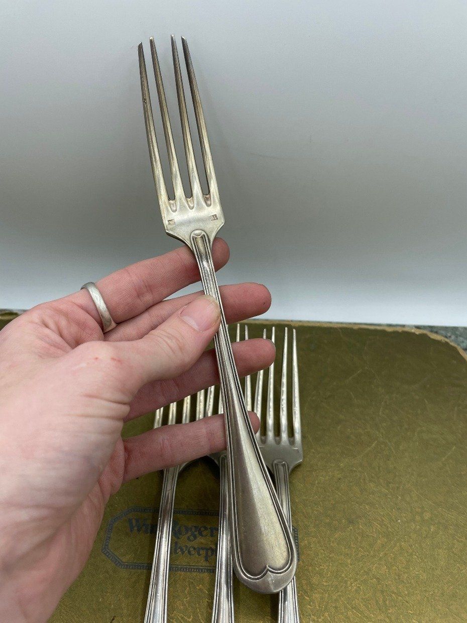 Set of 8 Weighty Antique Fiddle Back Silver Plated Colossal Fork + Spoon 5
