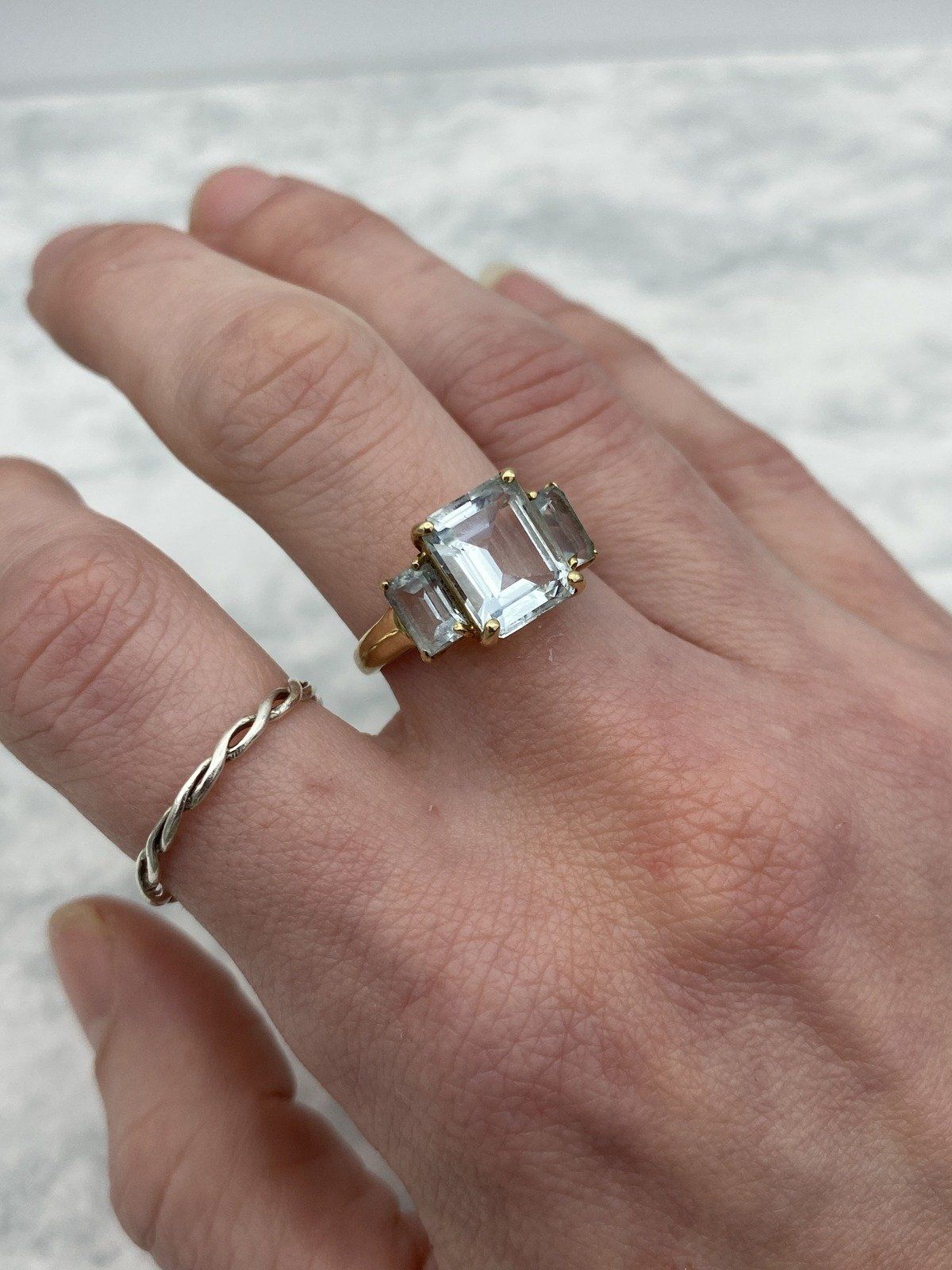 10k Gold Emerald Cut Aquamarine Trio Dress Ring 9