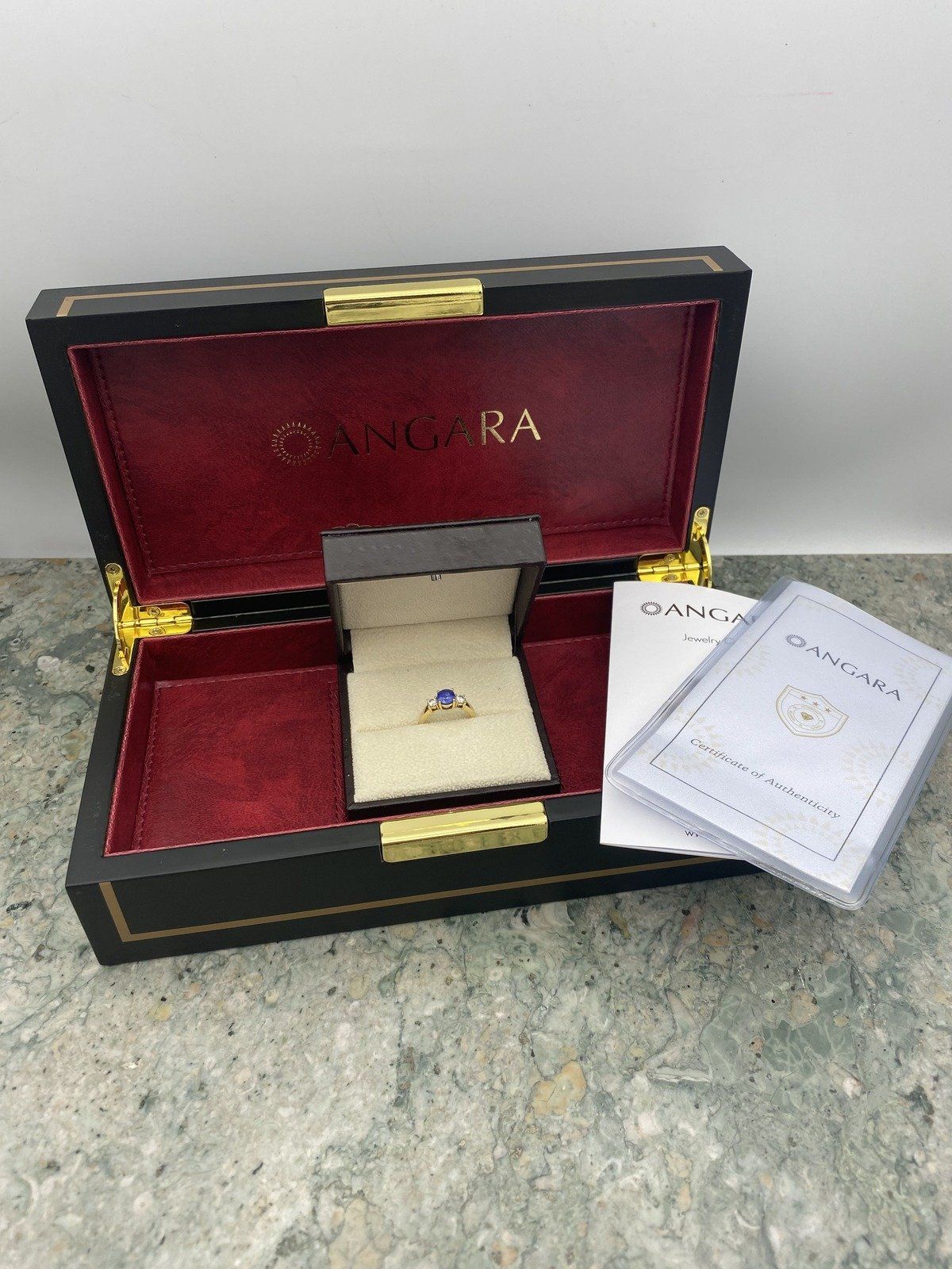 Angara 14k Gold 1ct Sapphire + .32ct Diamond Trio Stone Ladies Ring w GIA + Display Box 2