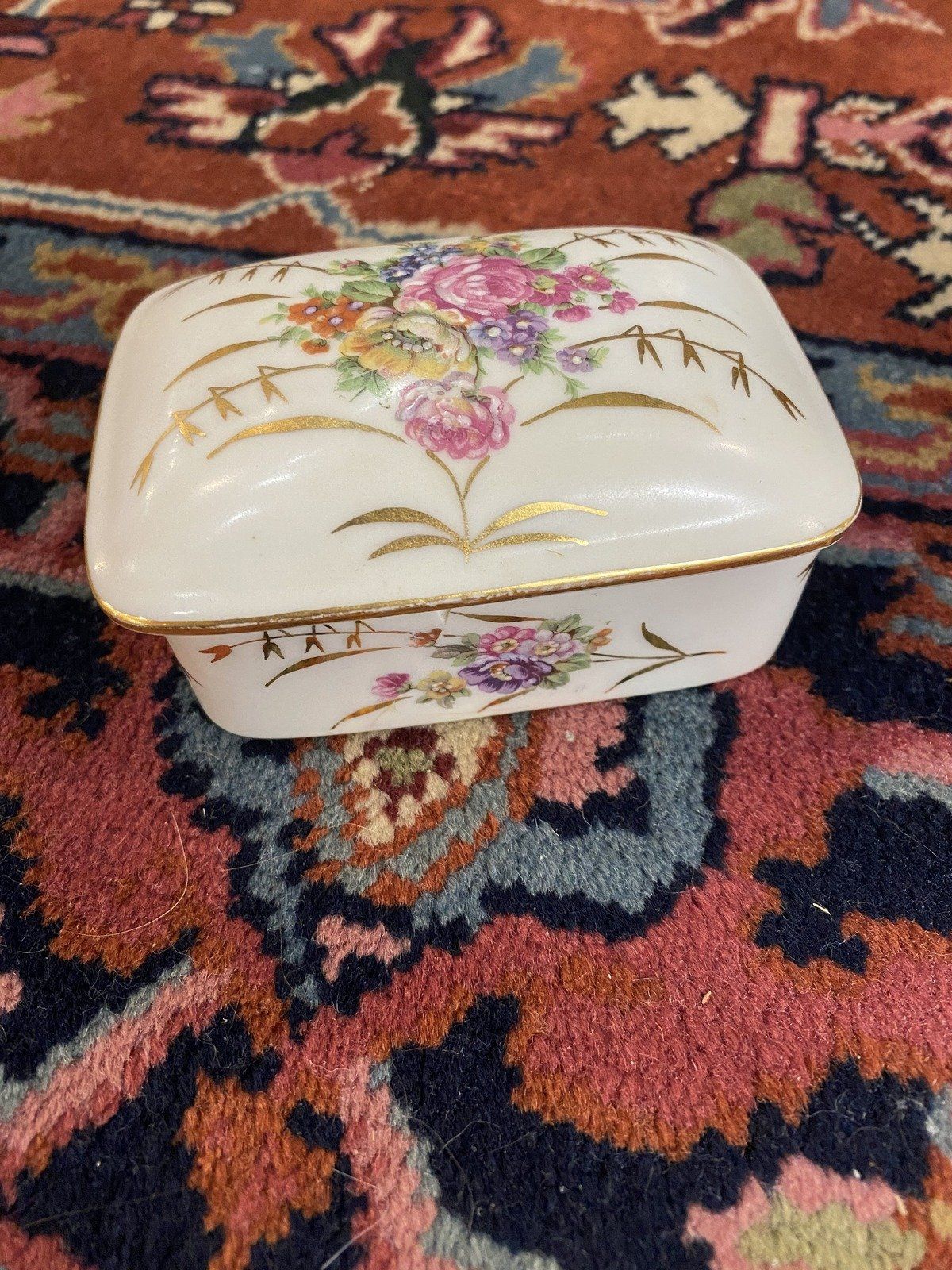 Vintage Limoges France Porcelain Wheat + Rose Trinket Box No.802
