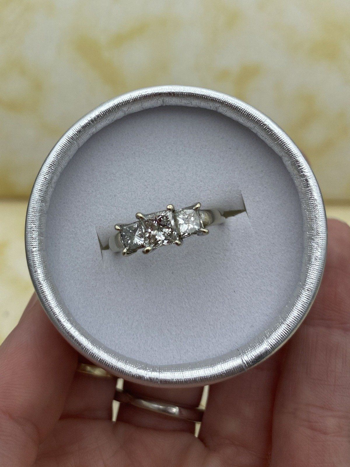 Weighty Vintage 14k White Gold 2.06ctw Princess Cut Diamond Squared Trio Engagement Ring 7