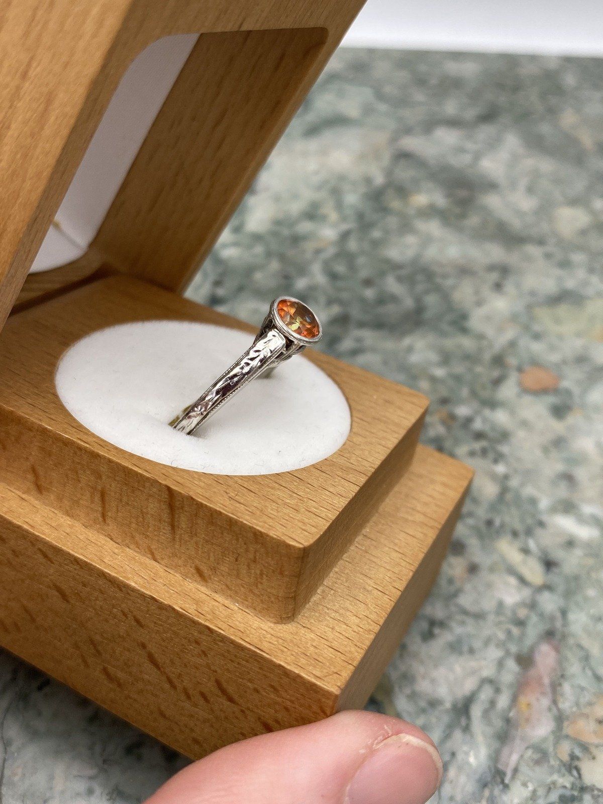 Spessartine Orange Garnet 14k White Gold Bezel Set Ring w Carved Band 5