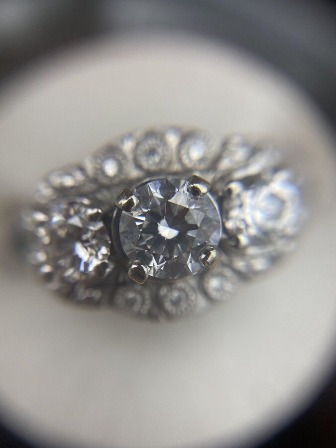 Bespoke 14k White Gold Ornamental Almonde 1.9ctw Moissanite Diamond Engagment Ring w Emerald + GIA & APP 6