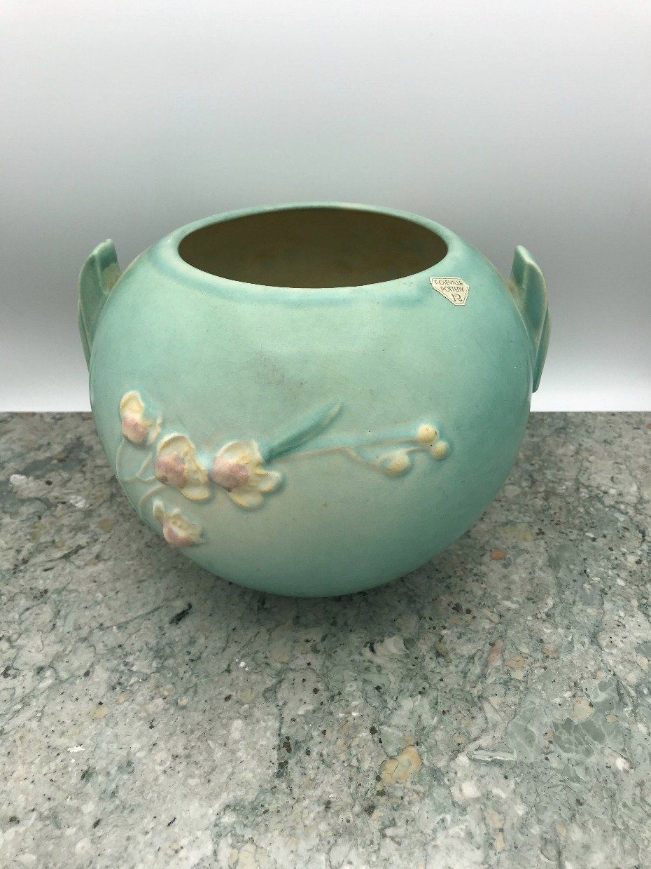 Roseville Pottery Tiffany Blue + Bloom Squat Vase 4