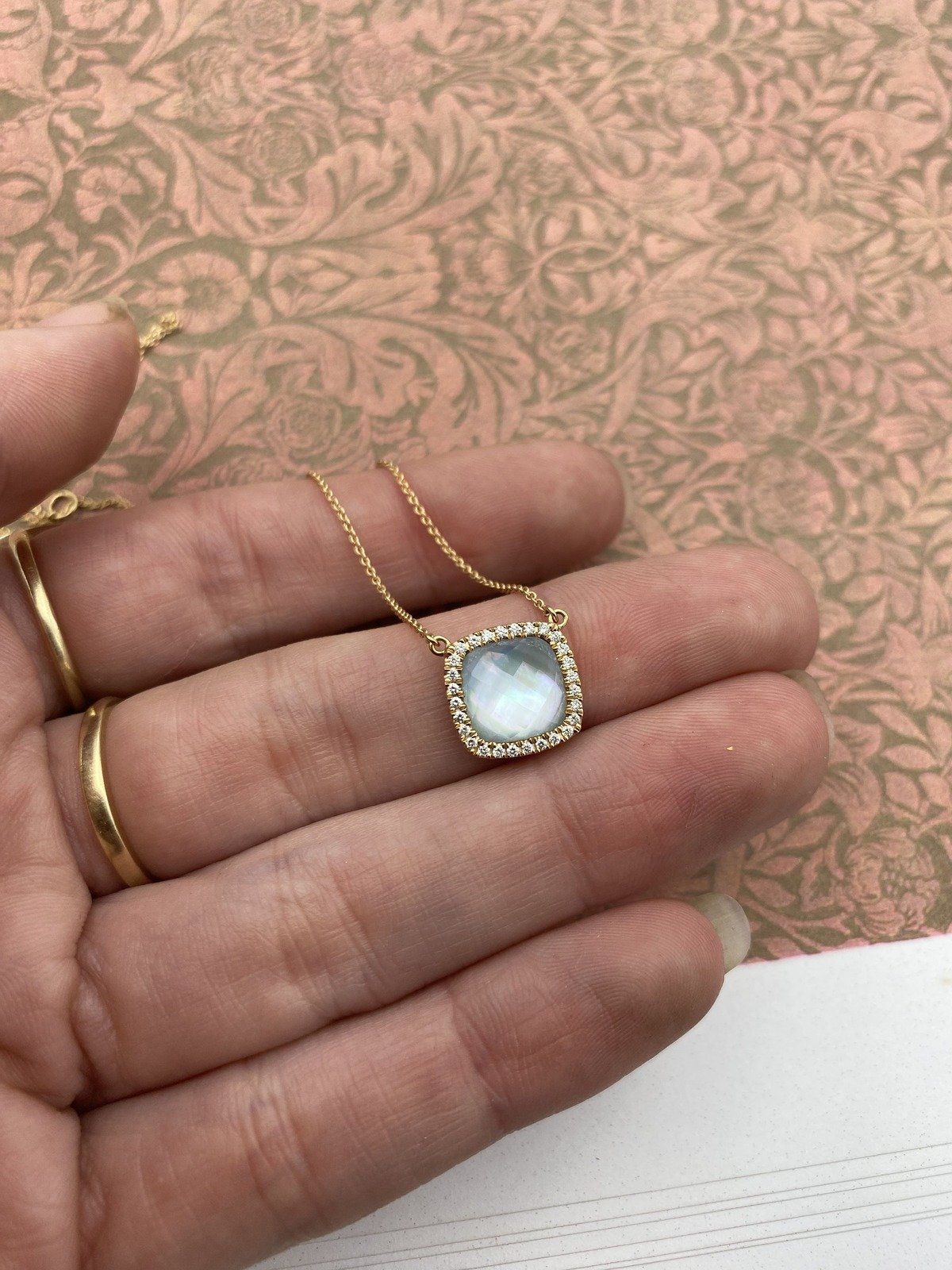 18k Rose Gold Faceted Mother of Pearl Haloed Adjustable 15-17L Necklace #417 3