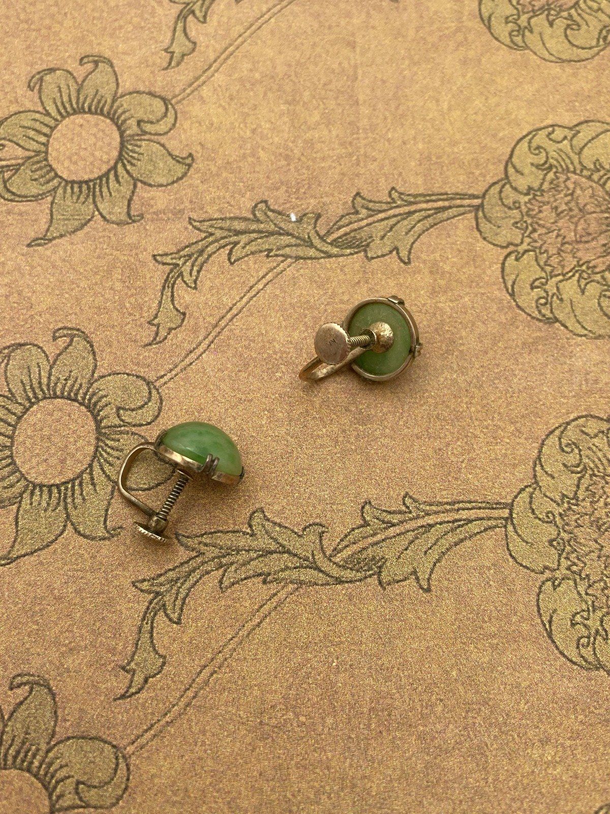 Antique 10k Rose Gold Jade Medallion Screw Back Earrings 3
