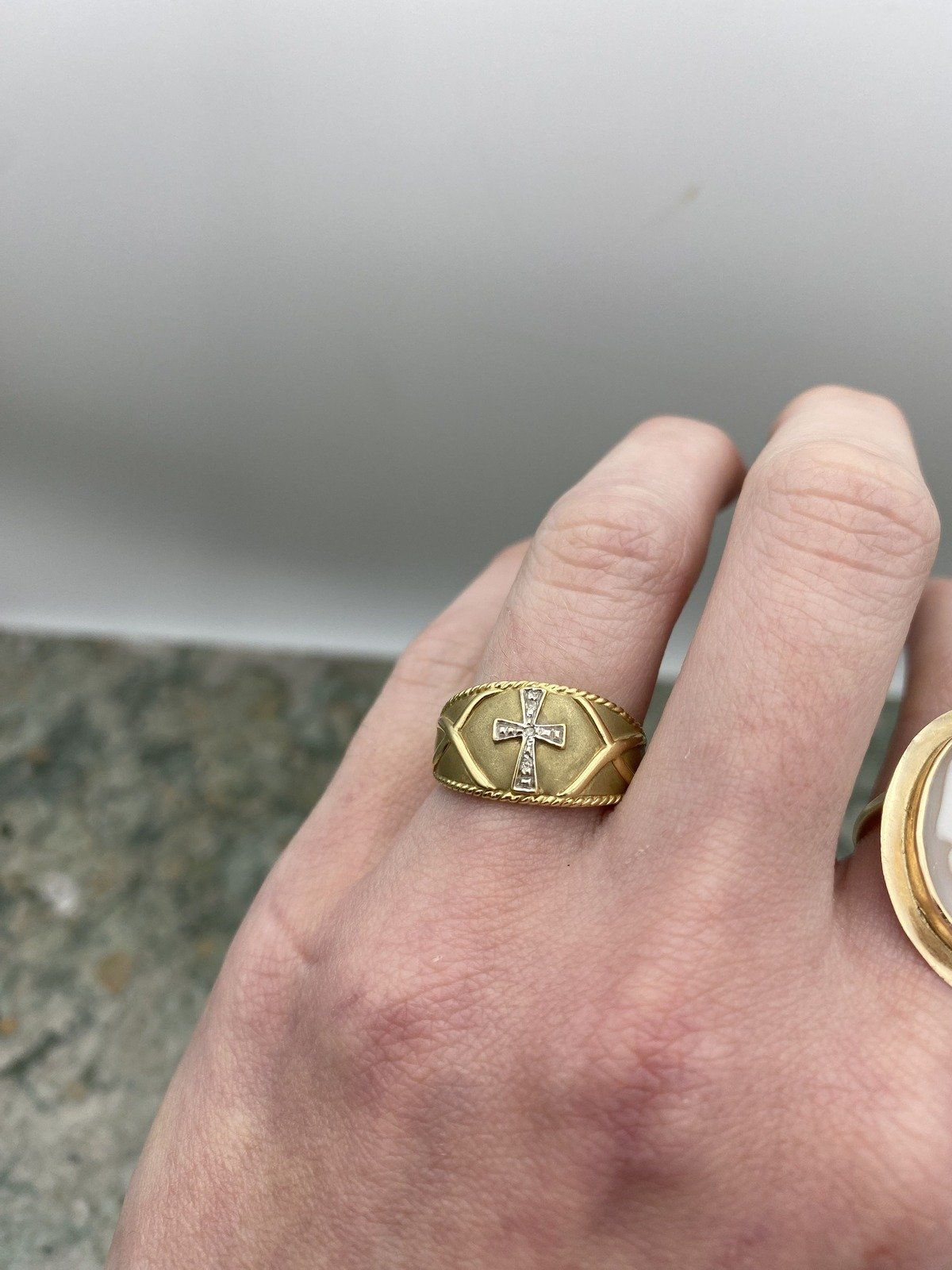 14k Brushed Gold Bombe Cuff Ring w Diamond Cross Center + Wire Cable Framing and Details 4