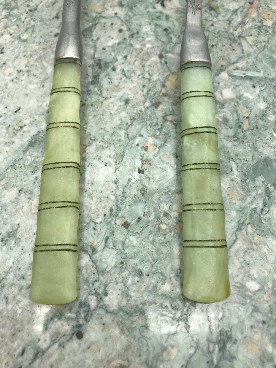 Vintage Chinese Etched Pewter + Bamboo Carved Jade Serving Utecils w Amethyst  Accents 2