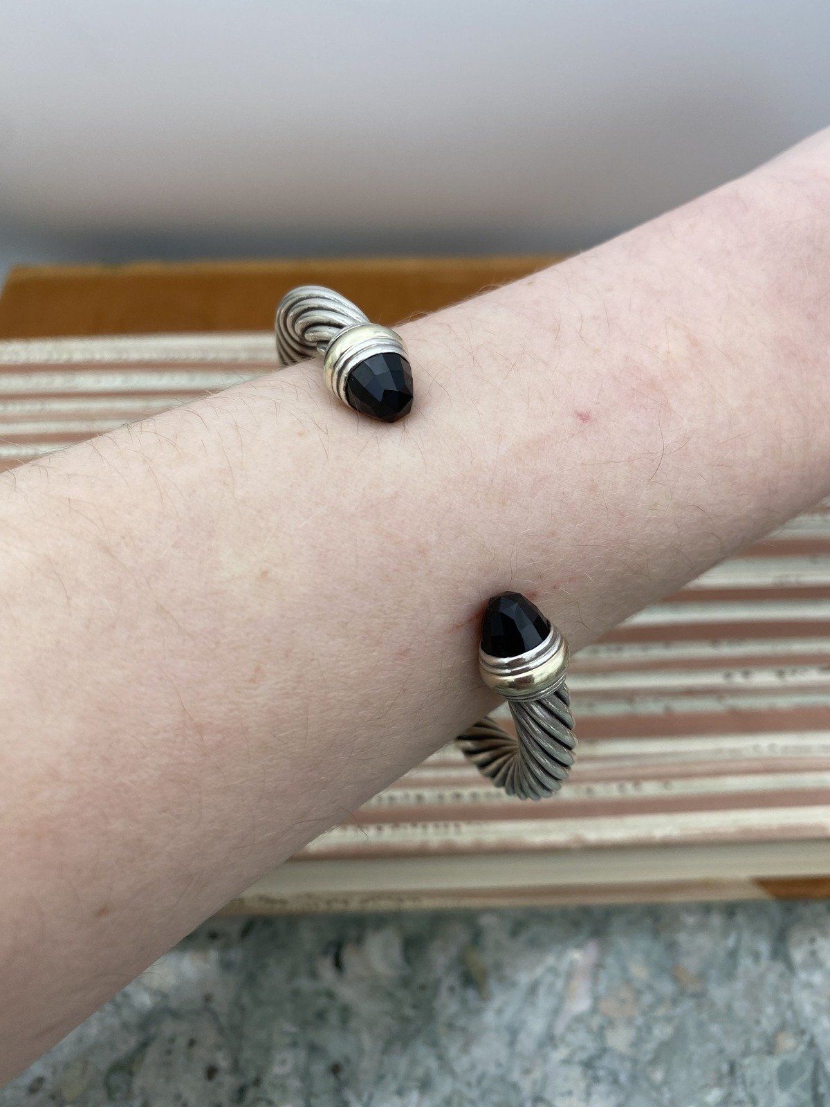 David Yurman Sterling Silver + 14k 7.5mm Cable Twist Bangle w Black Onyx Briolette Finials 6.75 6