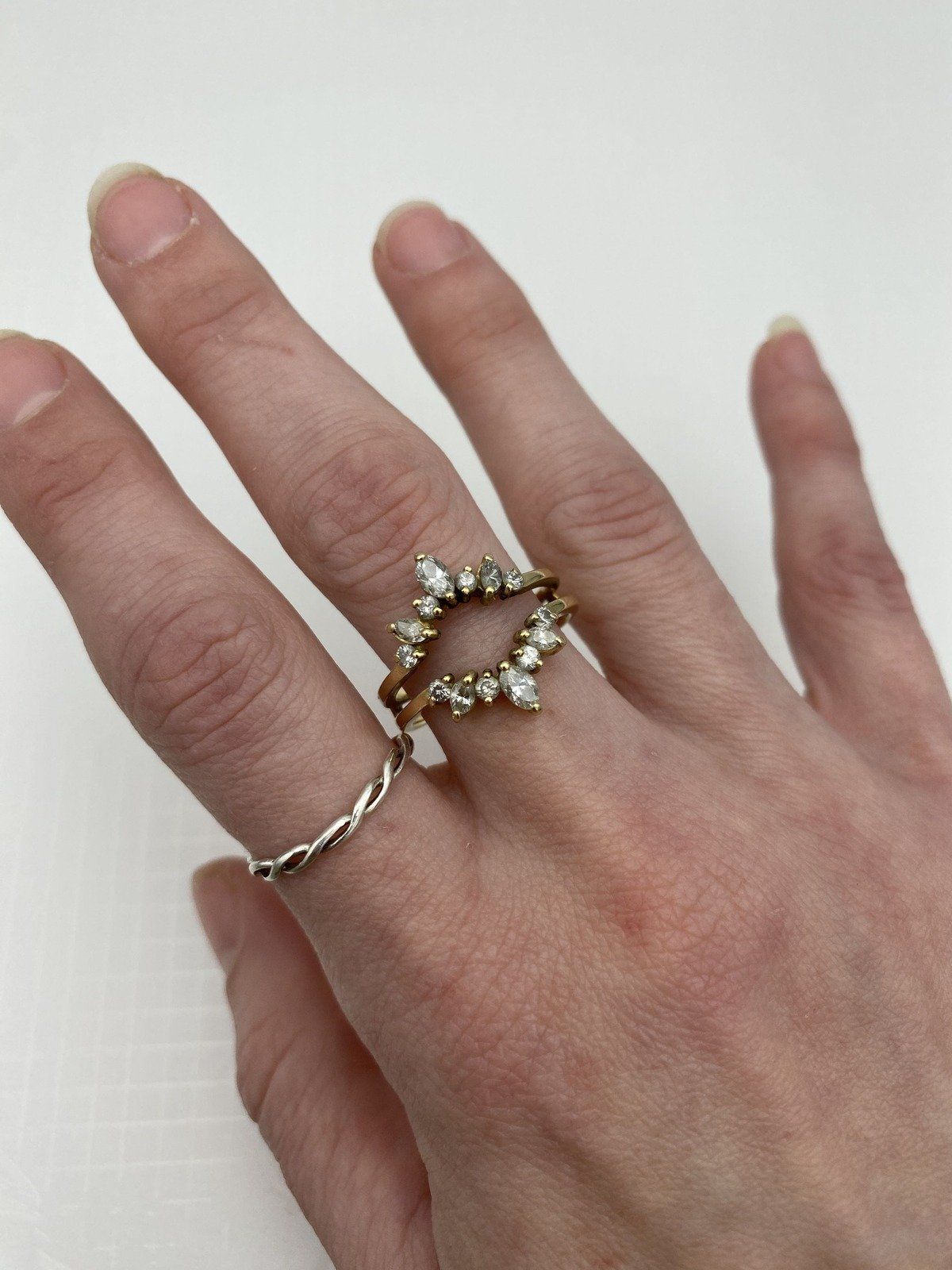 14k Gold Vintage Marquise Diamond Ring Guard Bridal Slip Band w Round Cut Diamond Accents 3