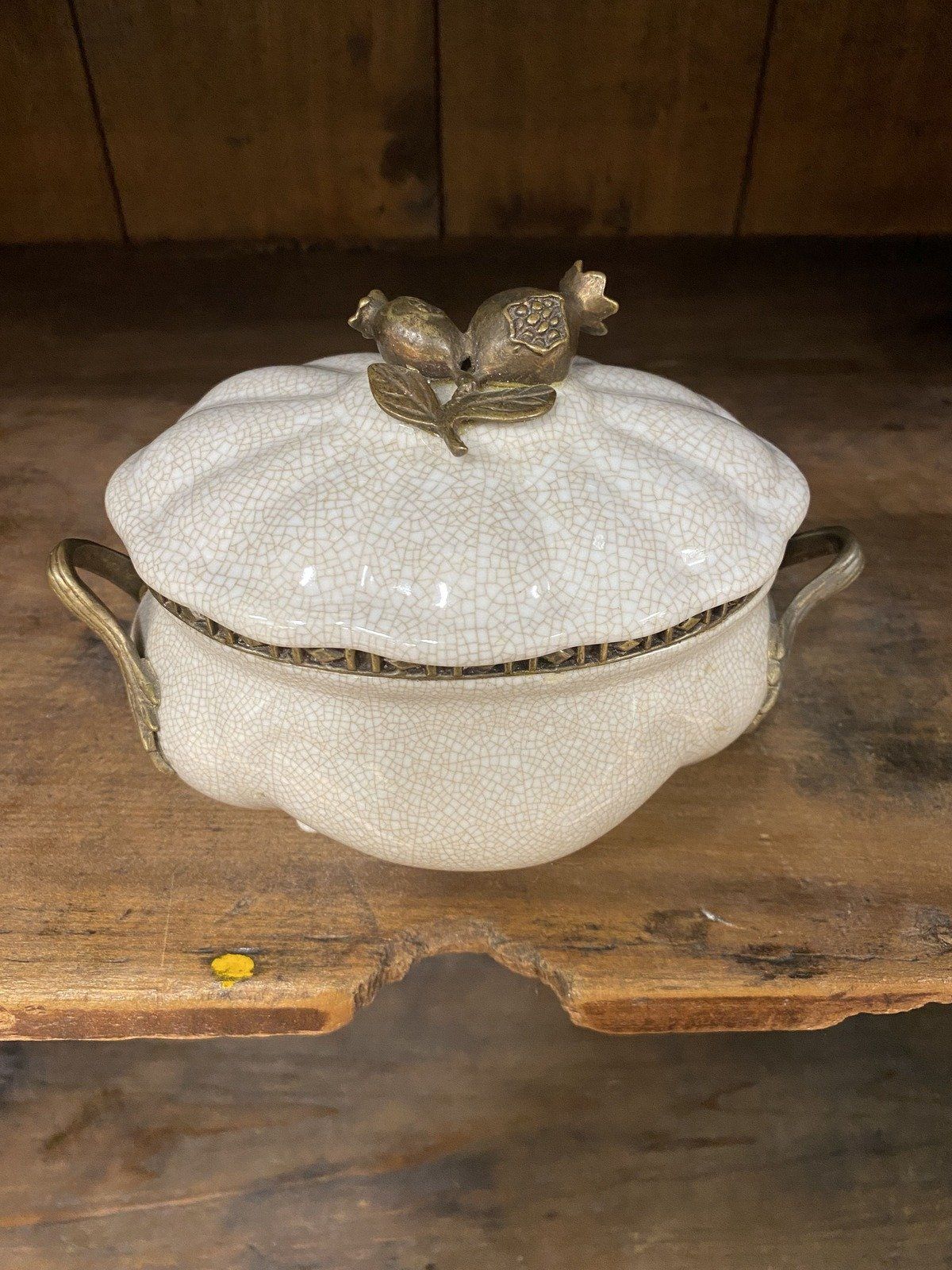 Taupe Crazed Ceramic + Bronze Pomegranate Lidded Storage Box w Handles 6