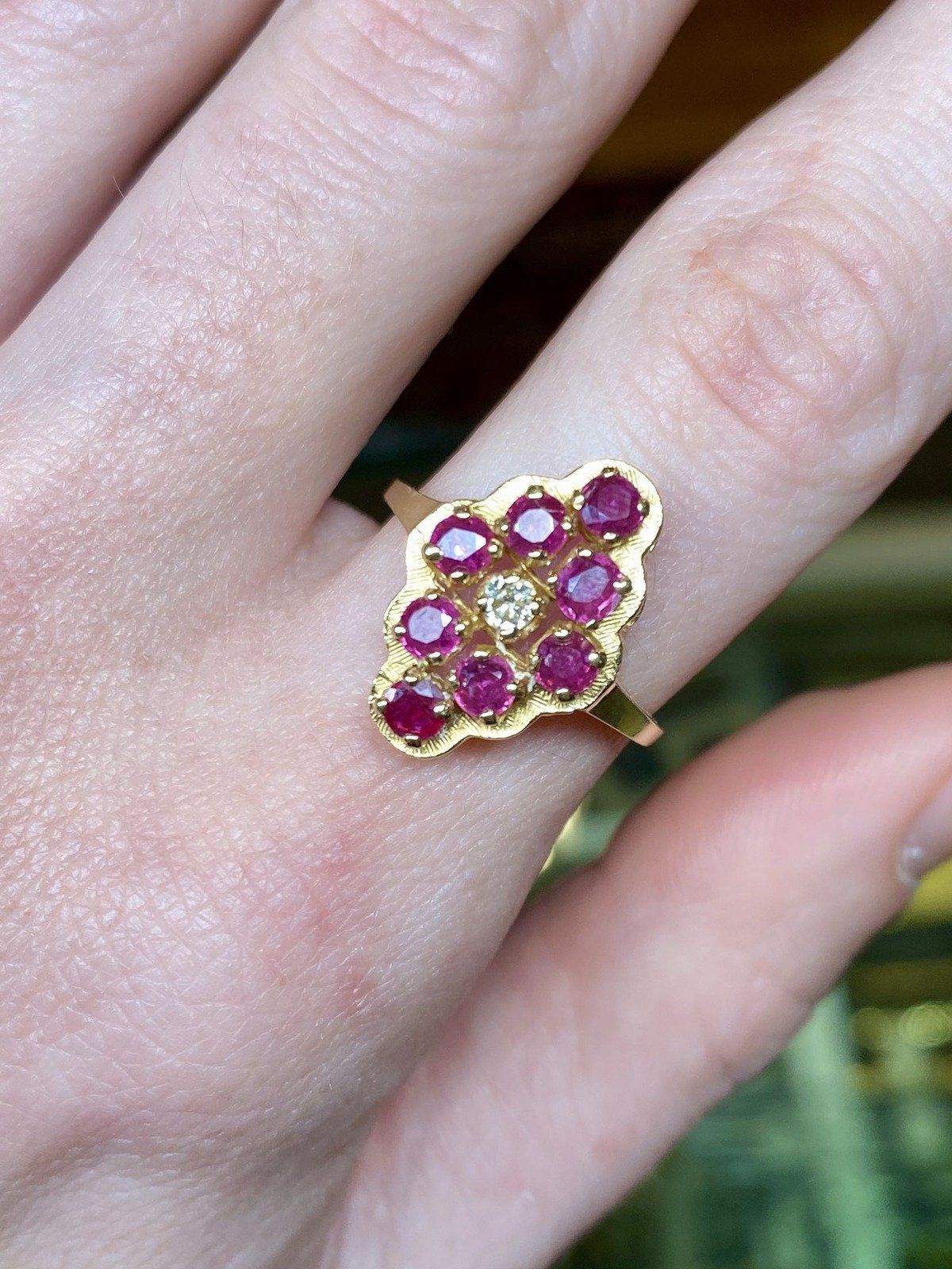14k Gold Ruby Navette Ring w Diamond Center and Lovely Setting 7