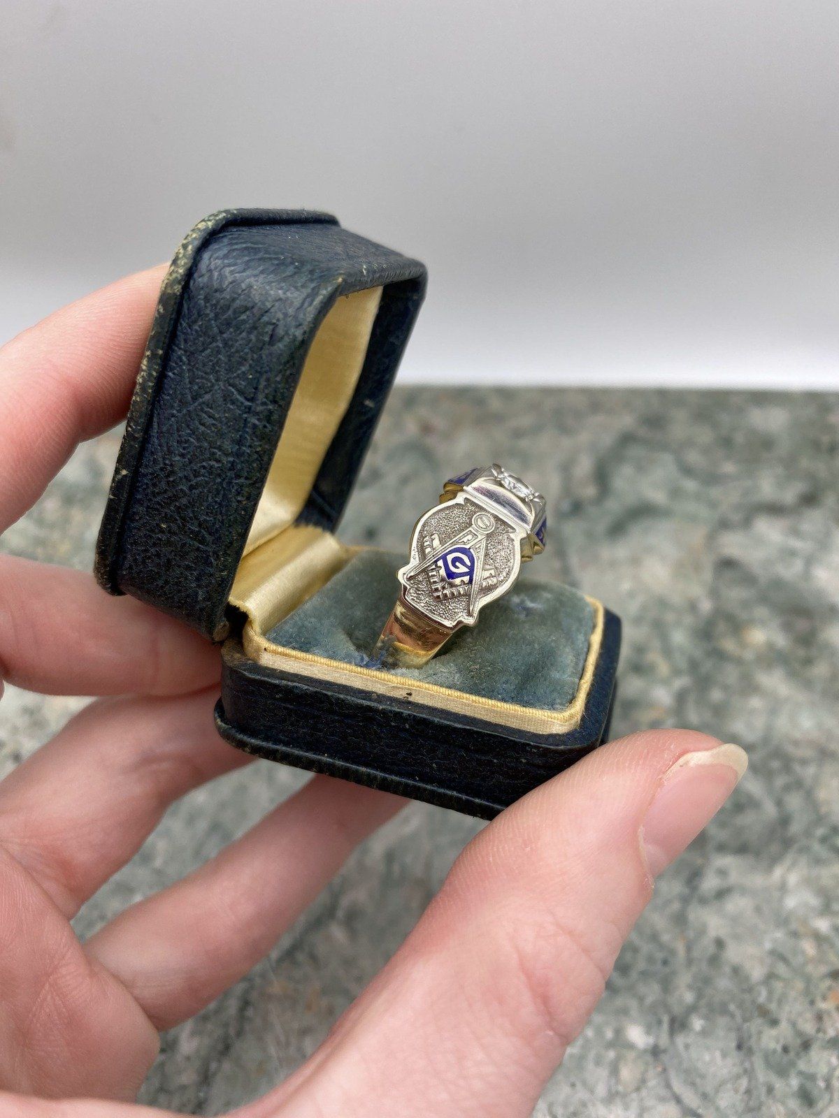 Men's Antique 14k Dual Gold Blue Enamel + .45ct Diamond Free Mason Grand Lodge Ring 4