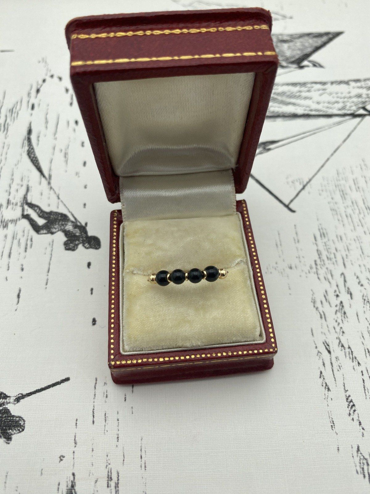 Vintage 14k Gold Spherical Onyx Bead Ring Band #2218 2