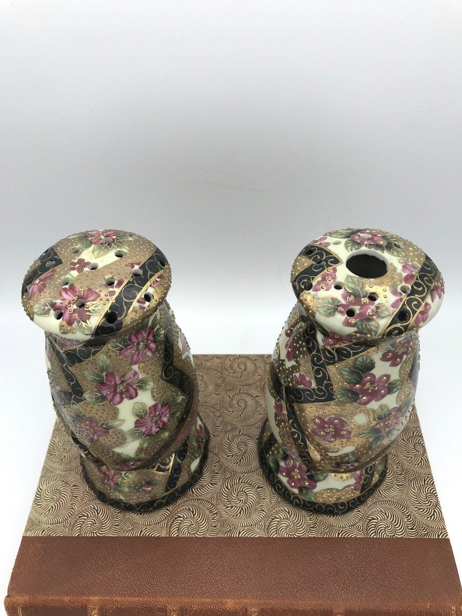 Pair of Stunning Nippon Hand Painted Floral Grommet Hat Pin Holders/Shakers 2