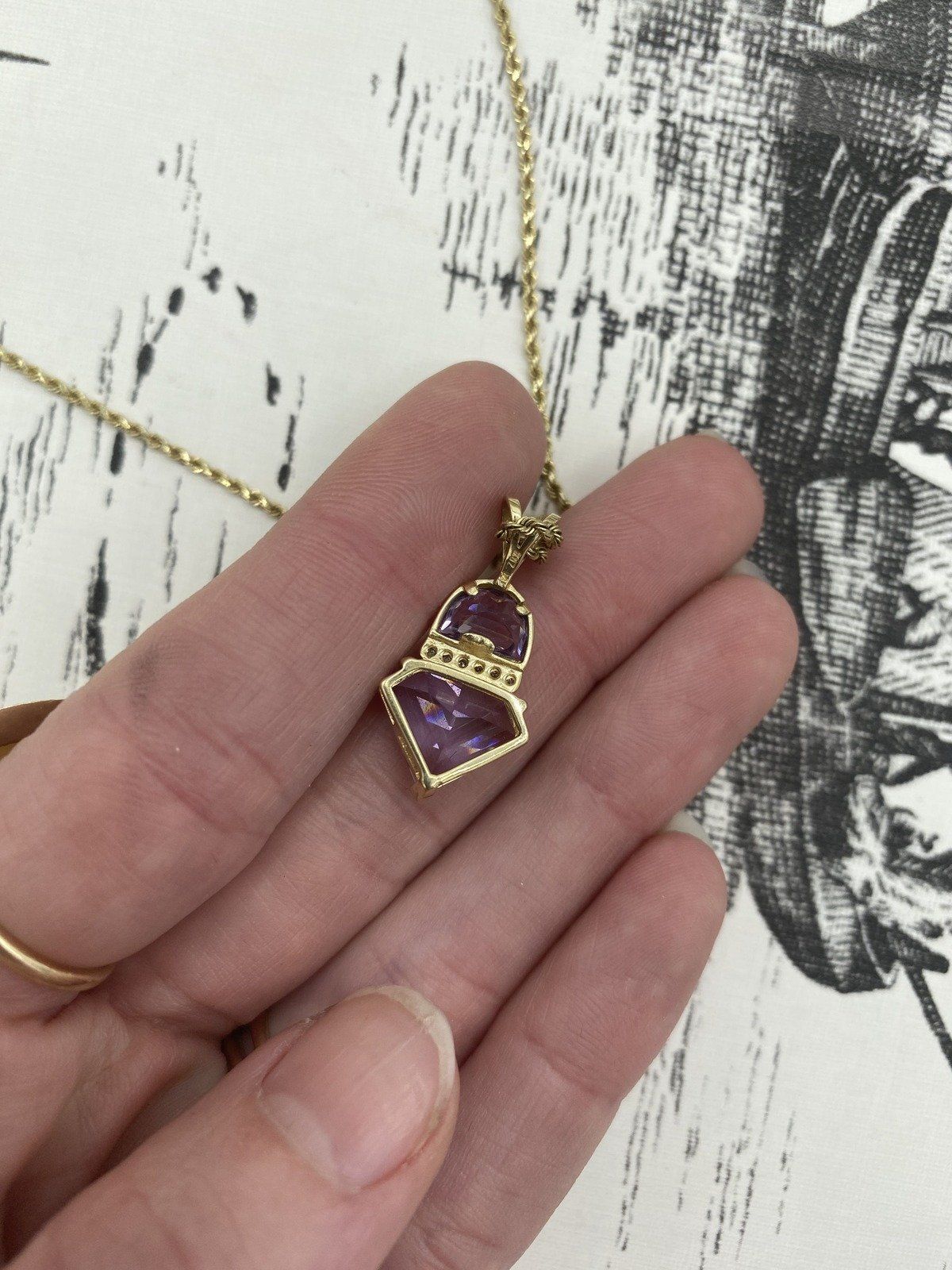 Artly Crafted 14k Gold Geometric Amethsyt + Diamond Drop 18L Necklace 3