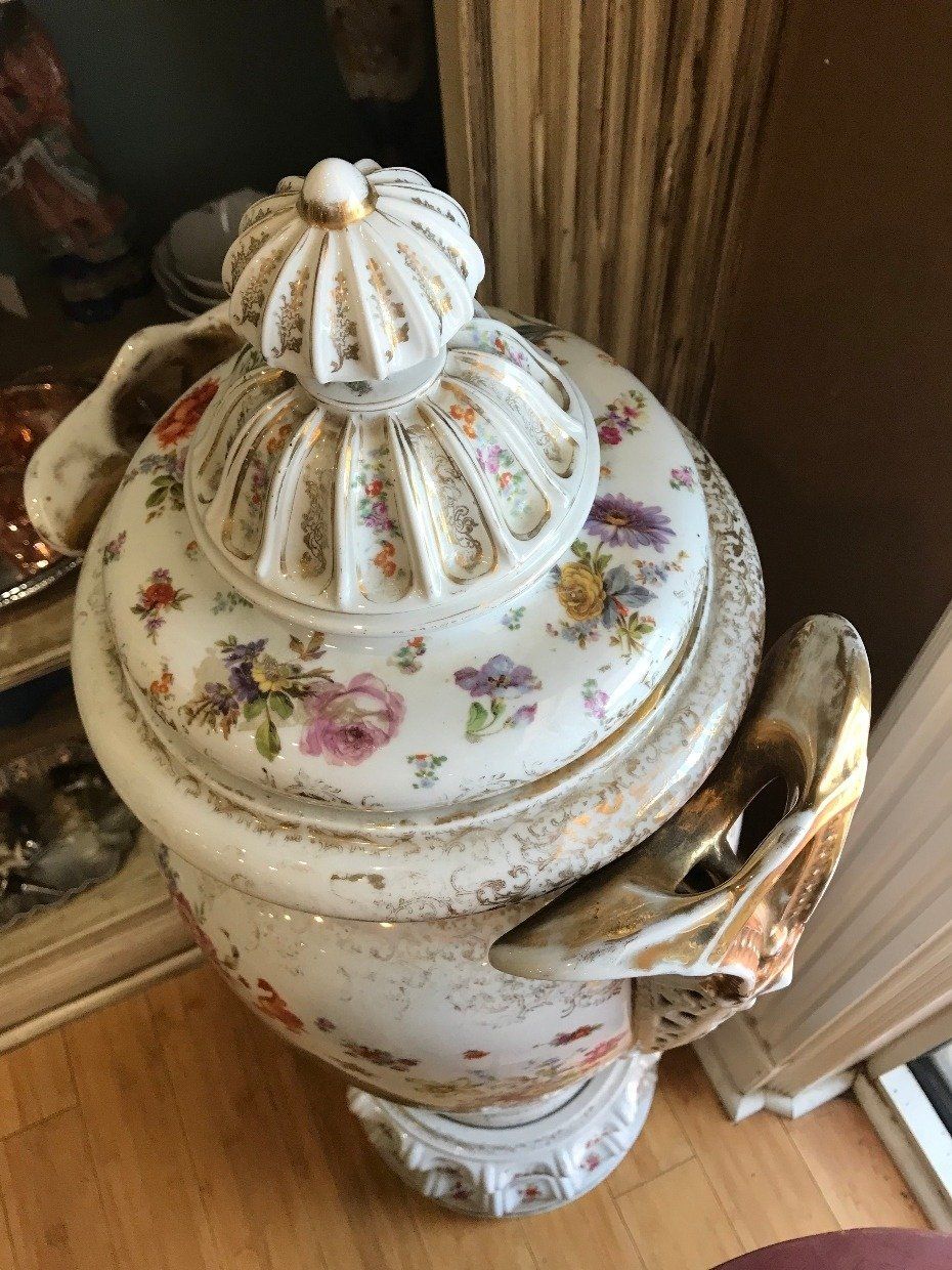 Hand Painted Antique Meissen Style Porcelain Floor Urn w Floral + Pastoral Court Scene 5
