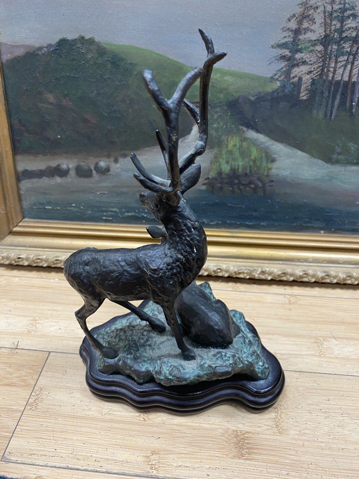 Vintage Cast Iron Elk Sculpturette w Oxidized Detail + Wood Base 2