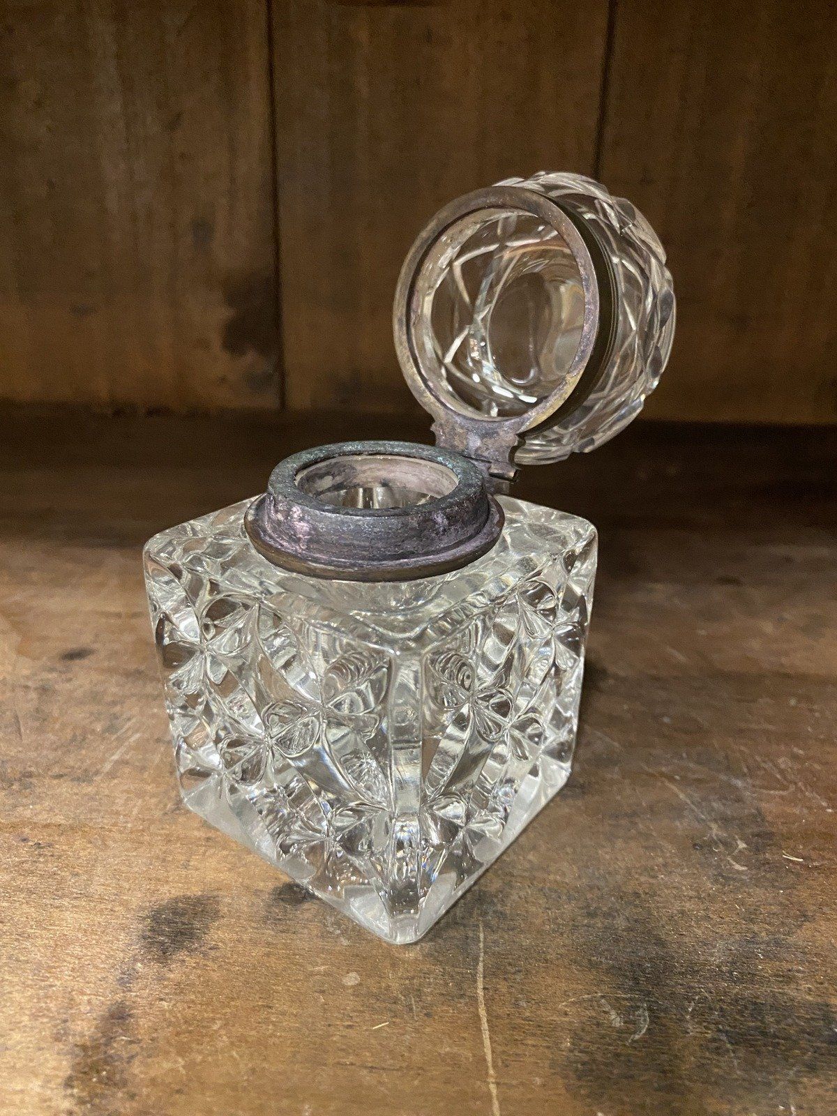 Nice Clear HEAVY Antique Molded Glass Inkwell 2