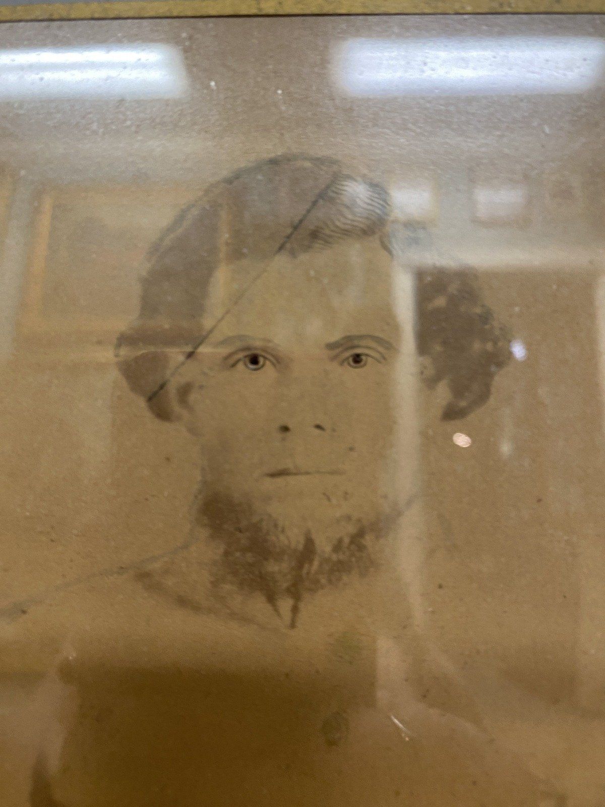 c.1890 Graphite + Printed Hand Detailed Portrait of Man in Deepwell Gilt Frame 14X12 3