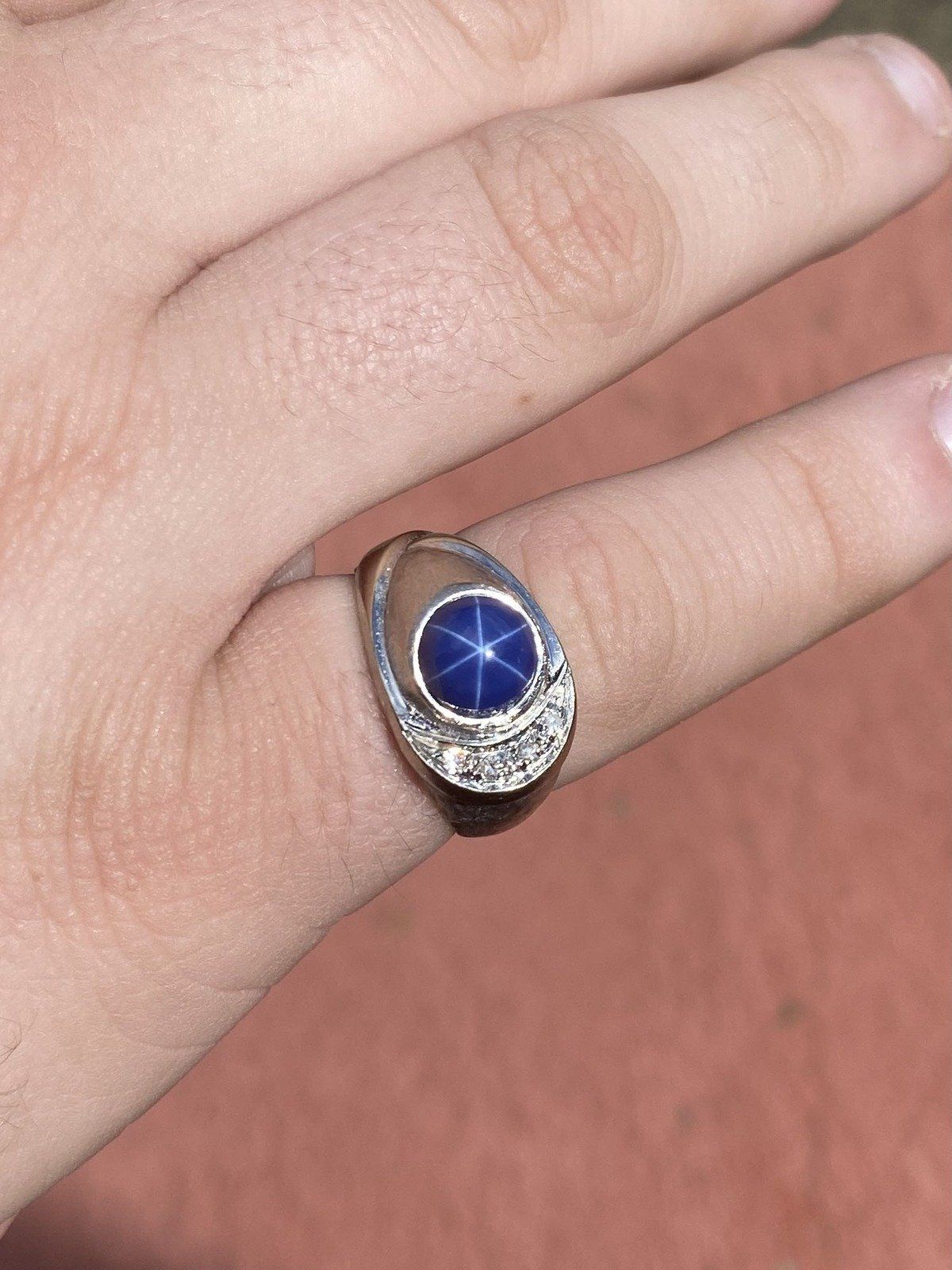 Antique Edwardian 14k Brushed White Gold Star Blue Sapphire + Old Mine Diamond Art Deco Ring 8