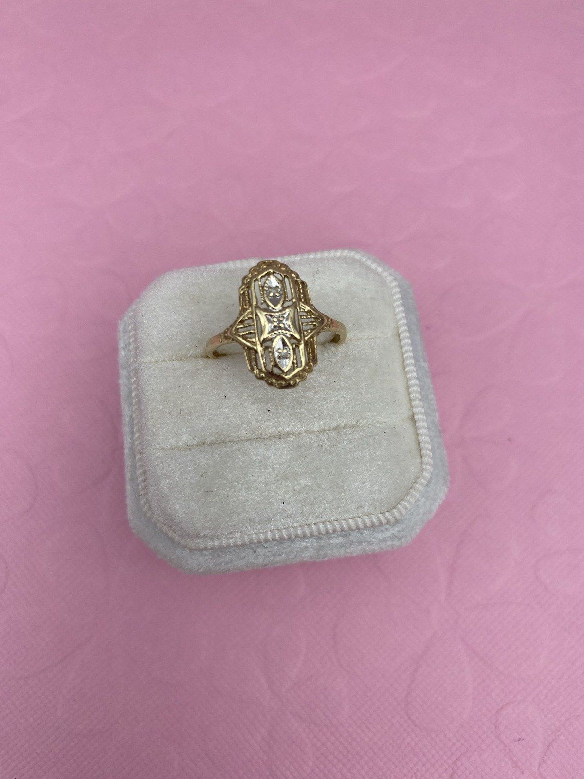 Antique 10k Gold Dainty Filigree Navette Ring White Gold Center + Melee Diamond #2200 4