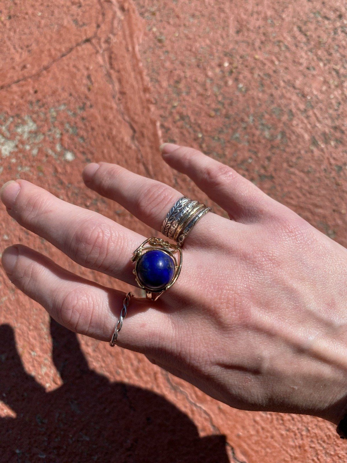 Vintage 14k Sculptural Lace Lapis Lazuli Polished Statement Ring 15