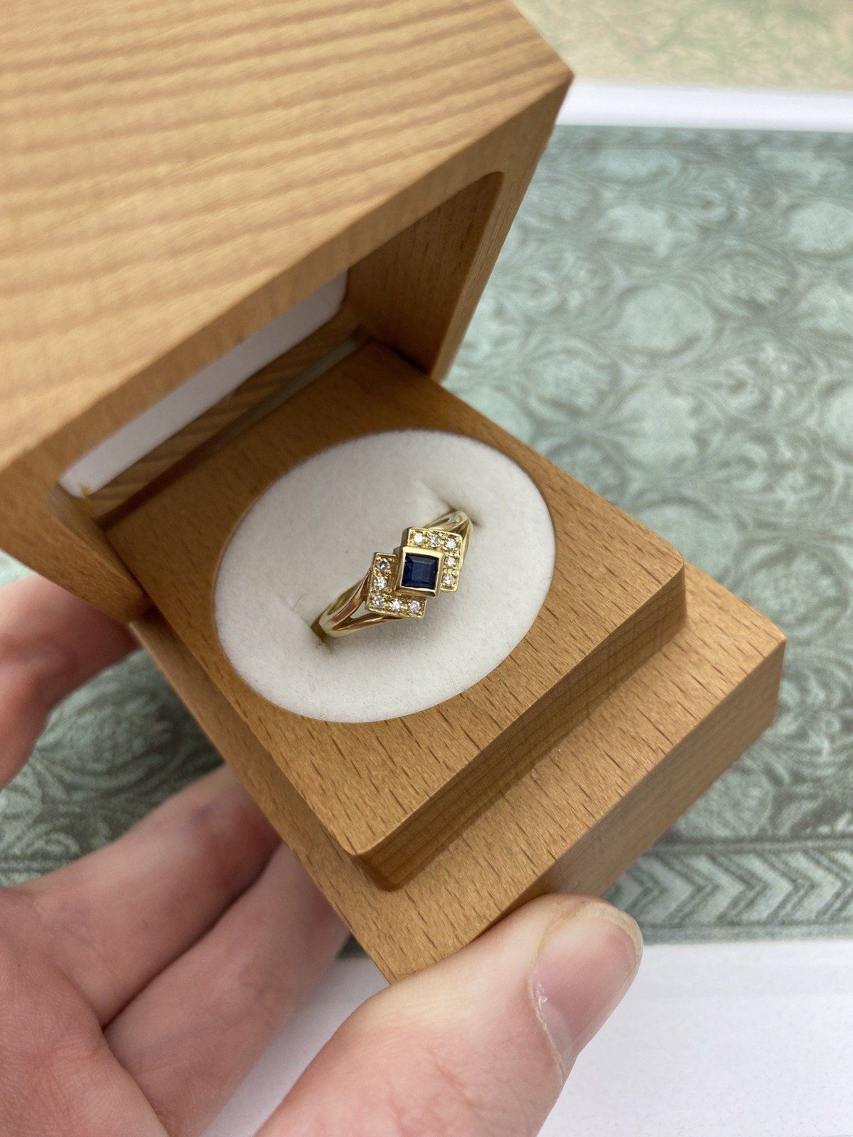 14k Gold Bezel Set Square Cut Sapphire + Diamond Geometric Ring 2
