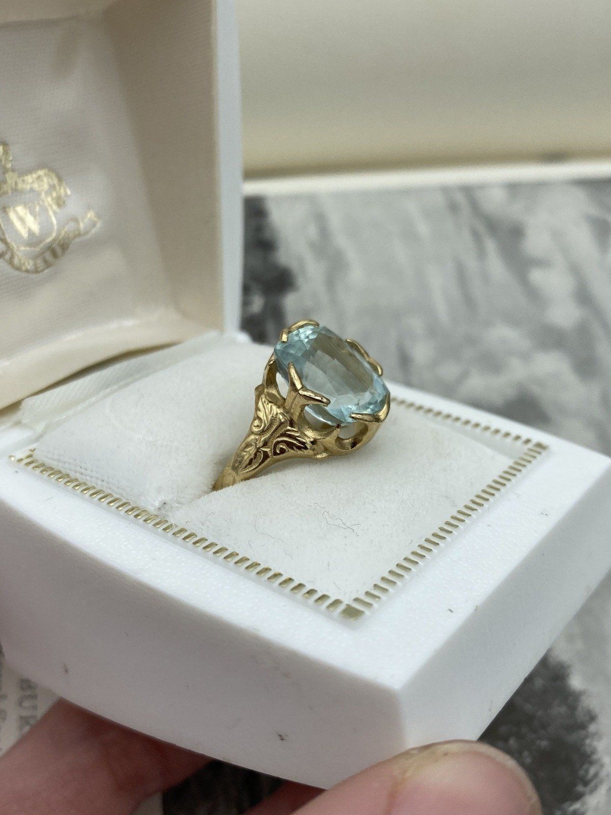 Antique Victorian 14k Gold High Quality Natural Cushion Cut Aquamarine Dress Ring w Carved Shoulder Motif + Lovely Prong Design 9