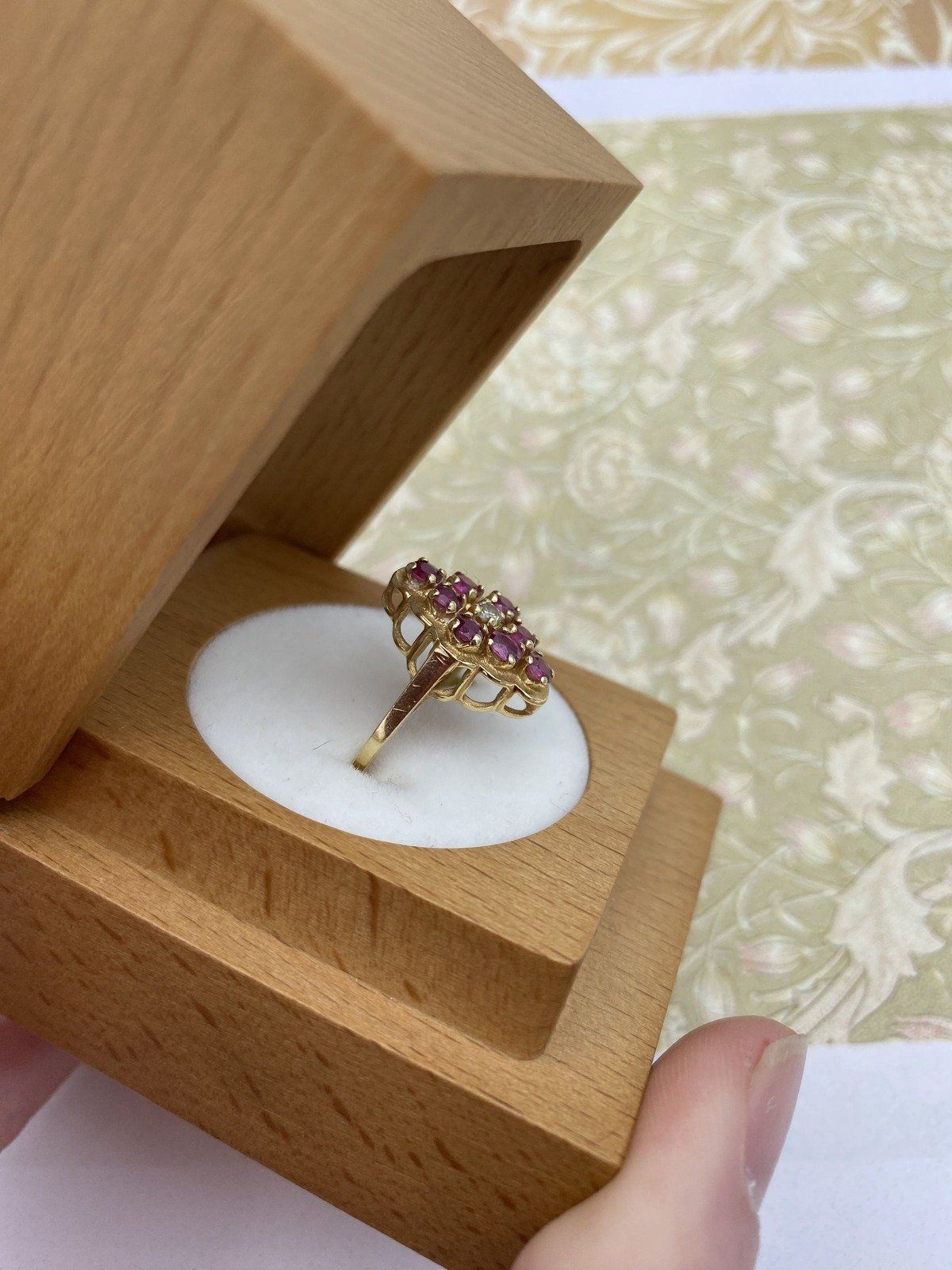 14k Gold Ruby Navette Ring w Diamond Center and Lovely Setting 3