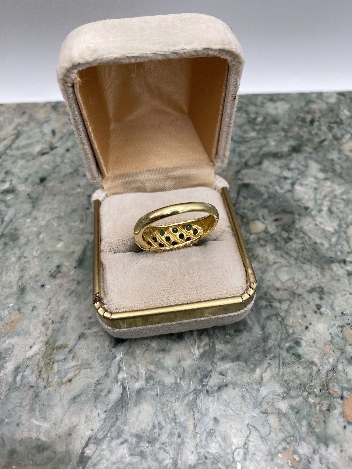 Vintage 14k Gold Trio Ruby + Emerald + Sapphire Ring Bombe Band #2794 7