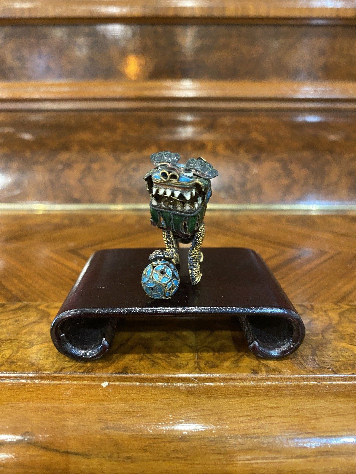 Antique Imported Gilt Enamel Chinese Foo Dog w Wooden Feng Shui Stand + Moving Head 3