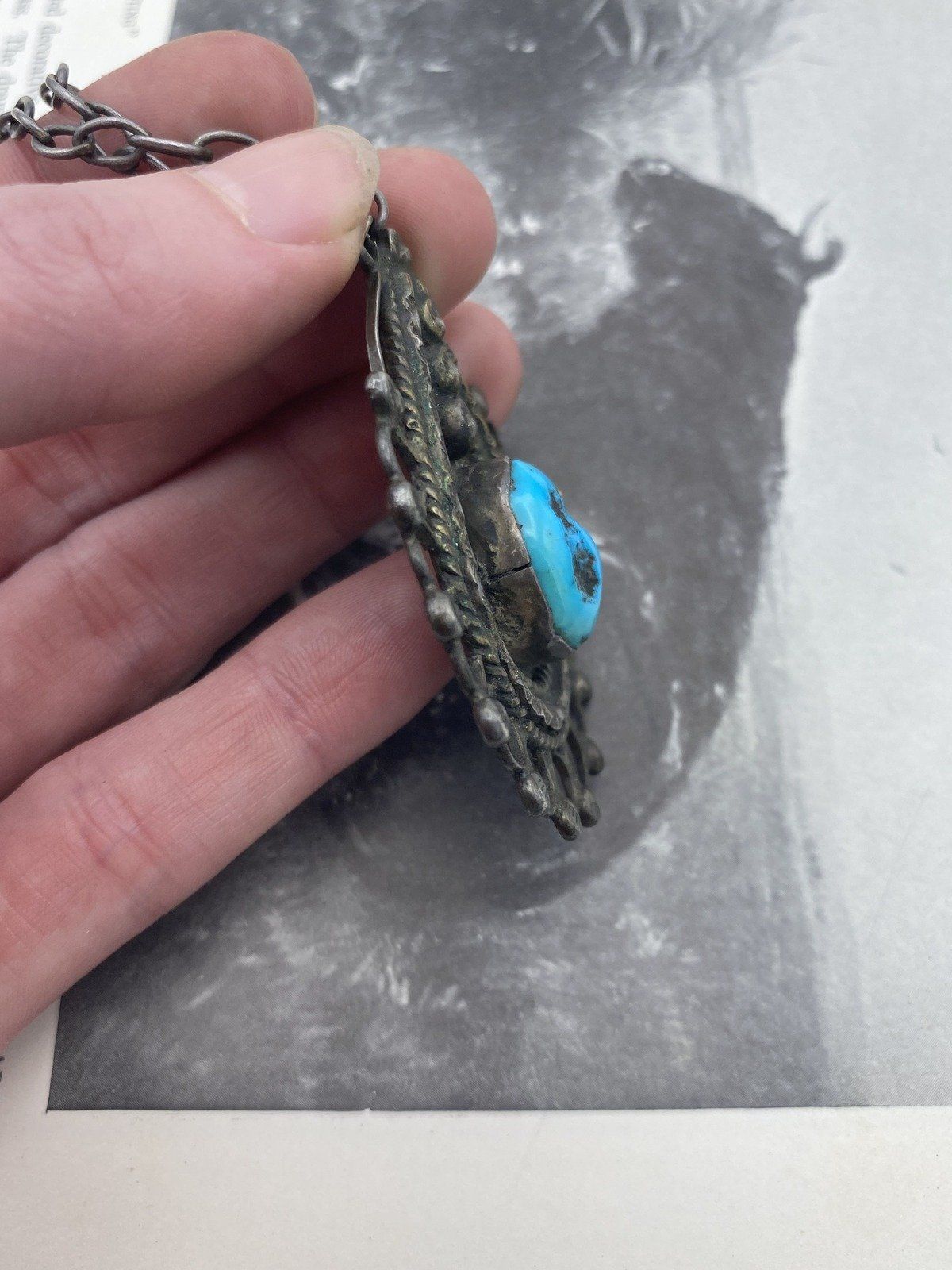 Old Sterling Silver Signed Native American Turquoise Grommet Lace Necklace 7