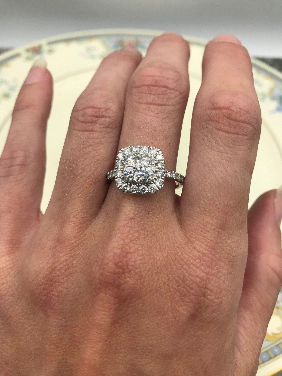 14k White Gold Square Cluster Halo Engagement Ring 2
