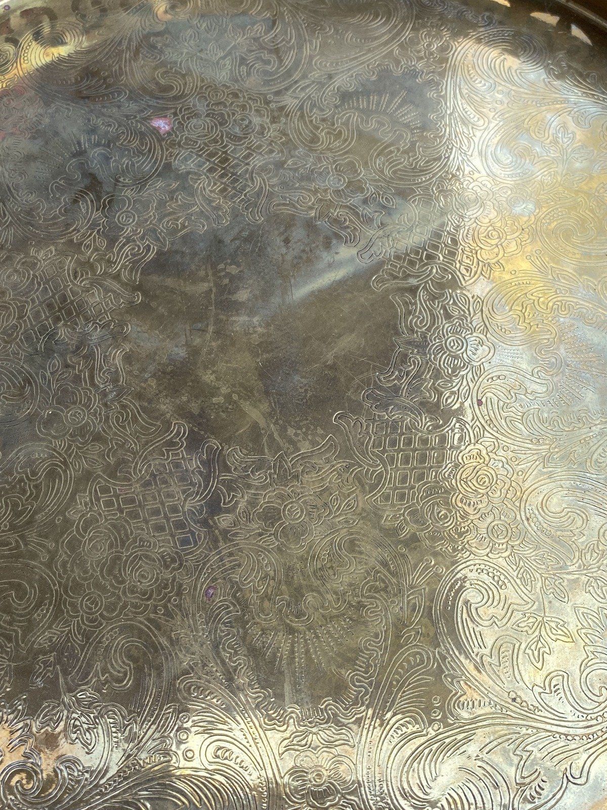 Circular Etched Brass Vintage Serving Tray w Reticulated Edge 6