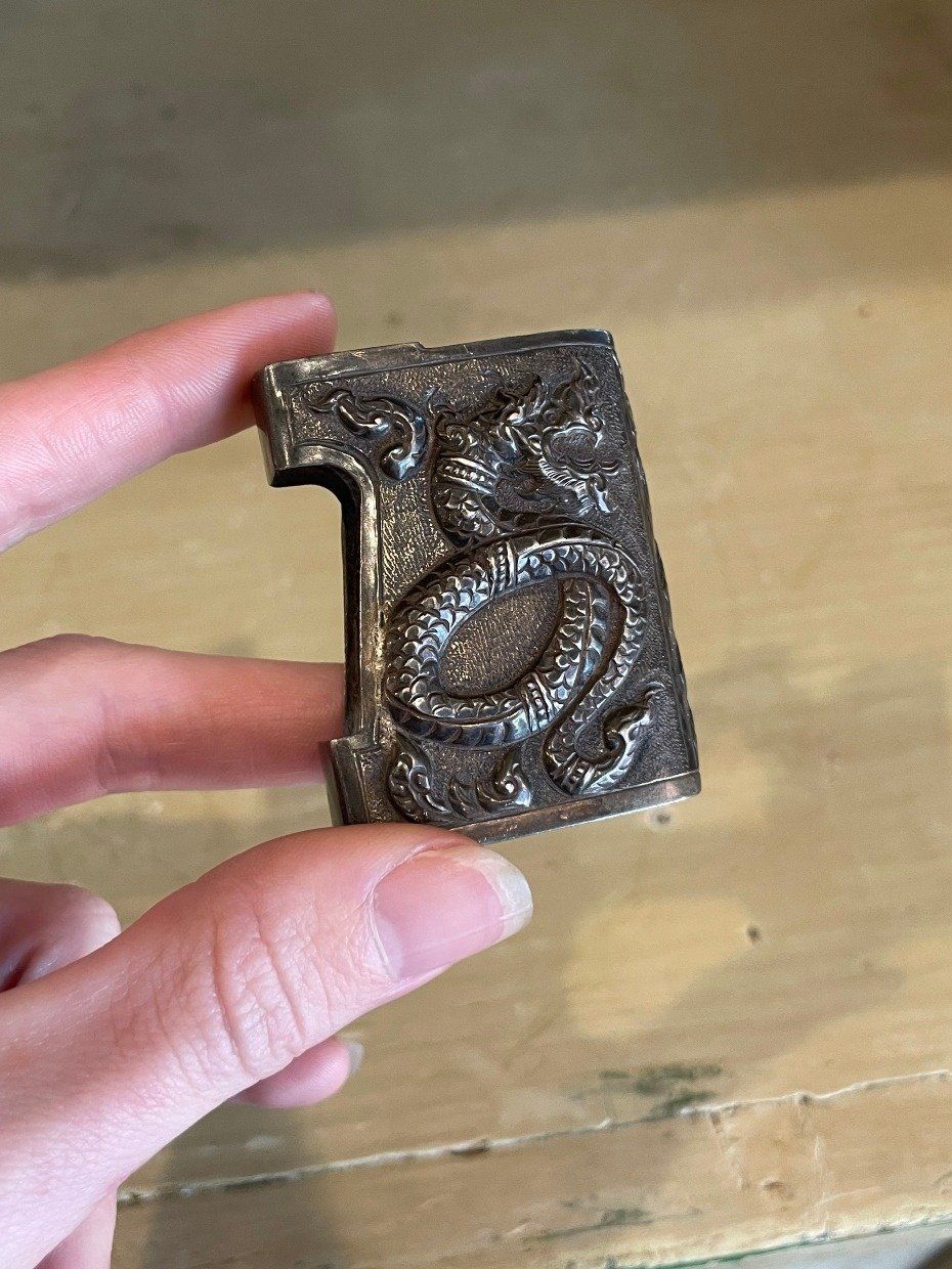 Antique 950 Sterling Silver Chinese (Maybe Thai) Dragon + Elephant Lighter/Match Box Cover 7