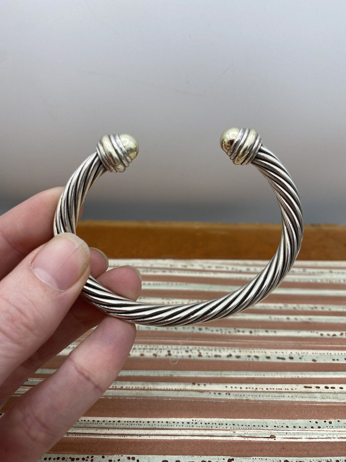 David Yurman Sterling Silver + 14k 8mm Classic Cable Twist Bangle Bracelet w Gold Finials 6.75 5