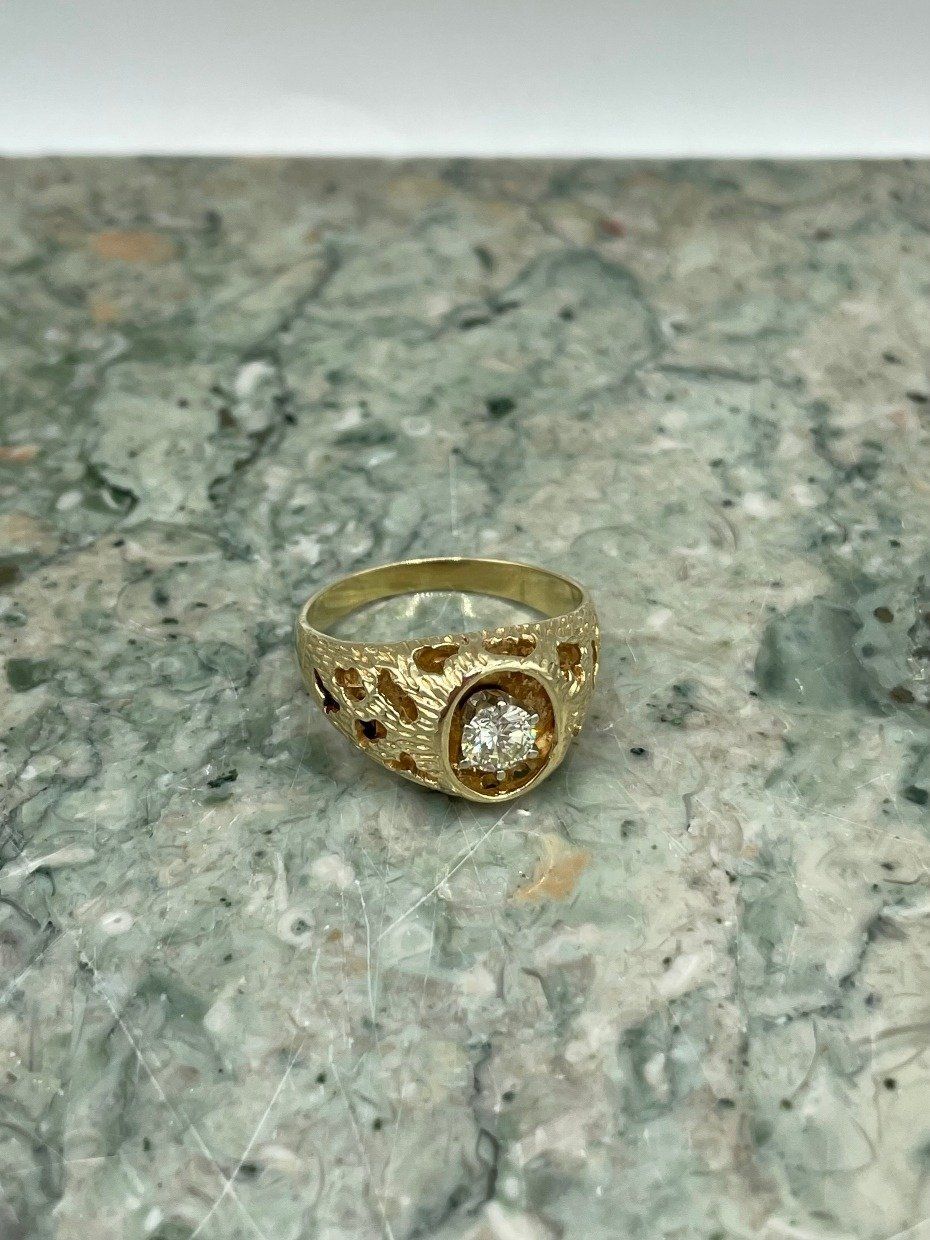 Handsome 14k Gold Sculptural Nugget Dimensional Set Floating .75ct Solitaire Diamond Men's Ringj 5