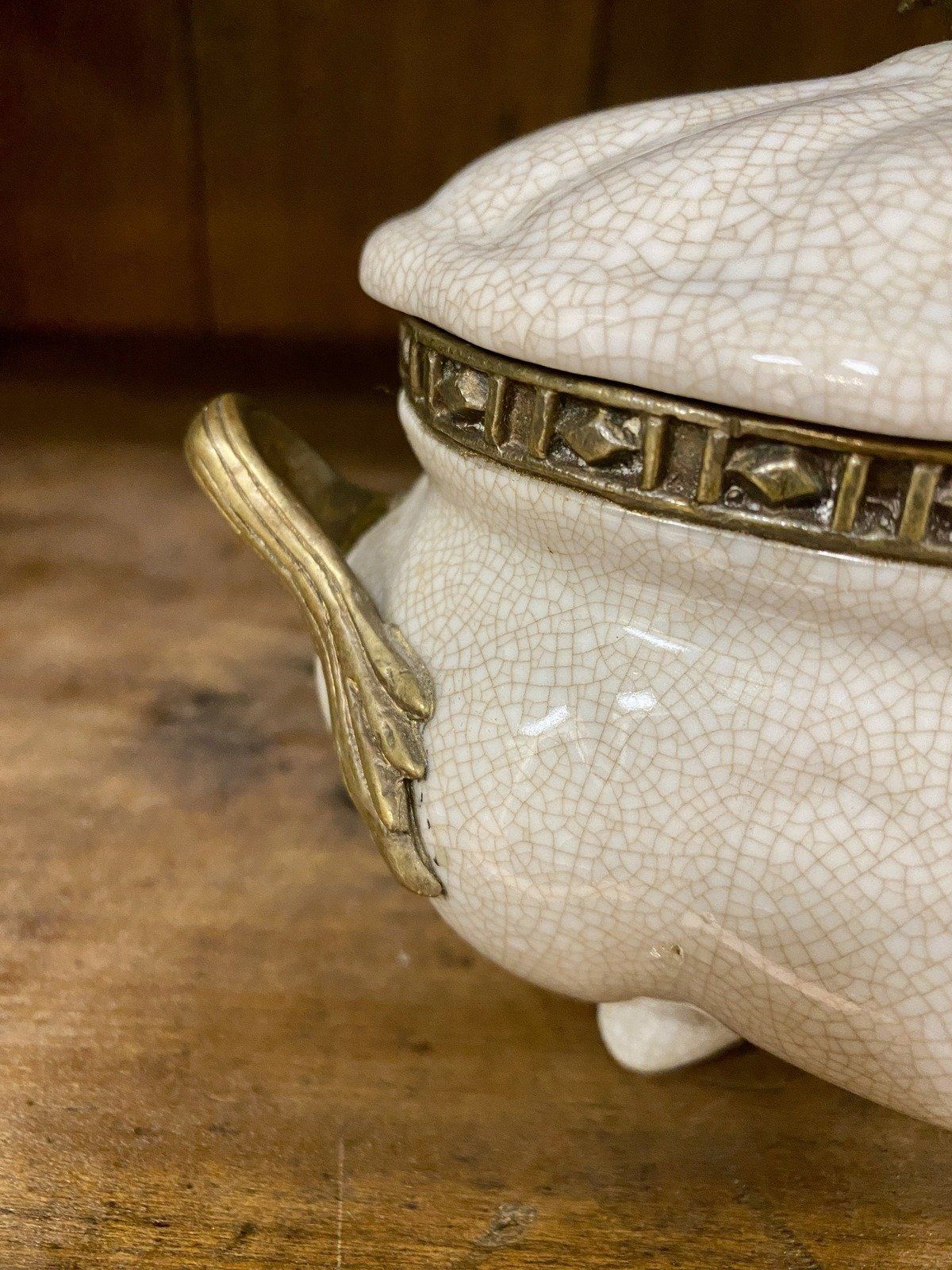 Taupe Crazed Ceramic + Bronze Pomegranate Lidded Storage Box w Handles 5