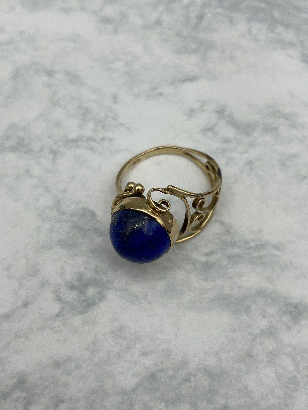 Vintage 14k Sculptural Lace Lapis Lazuli Polished Statement Ring 12