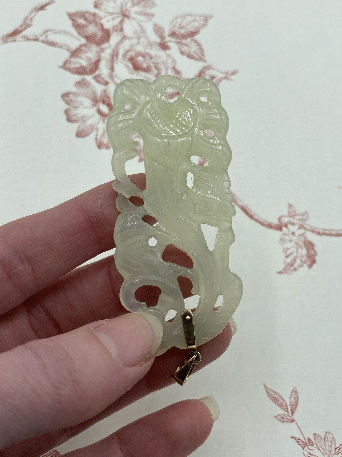 Chinese Fauna Carved Natural Jade Pendant w 14k Gold Bail 4