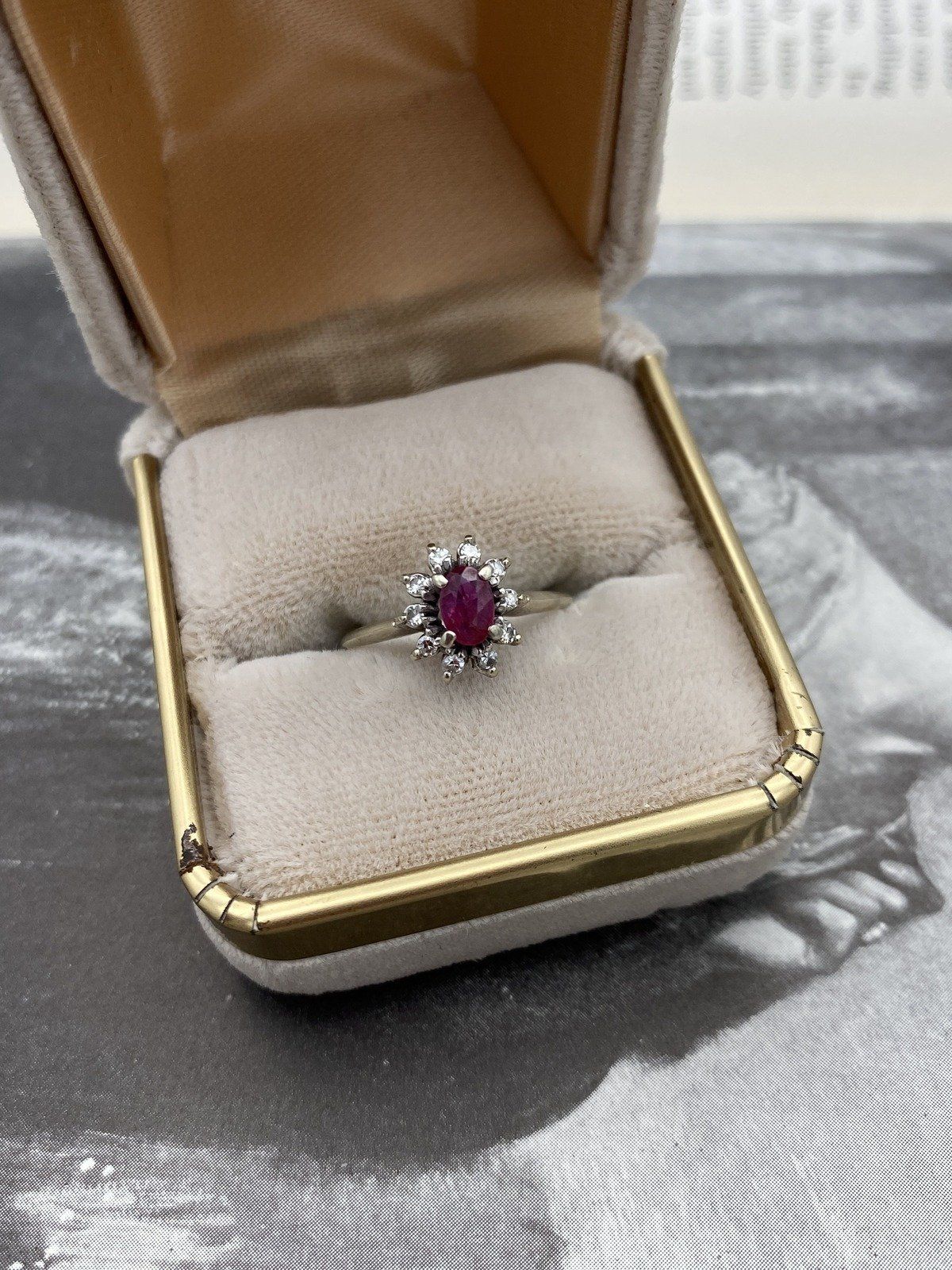 Antique 14k White Gold Oval Ruby + Diamond Flower Solitaire Ring 11