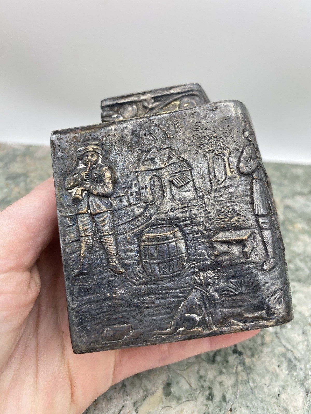 Antique Silver Plated Repousse Dutch Webster & Sons Figural Tea Caddy w C-de-V Detail 4