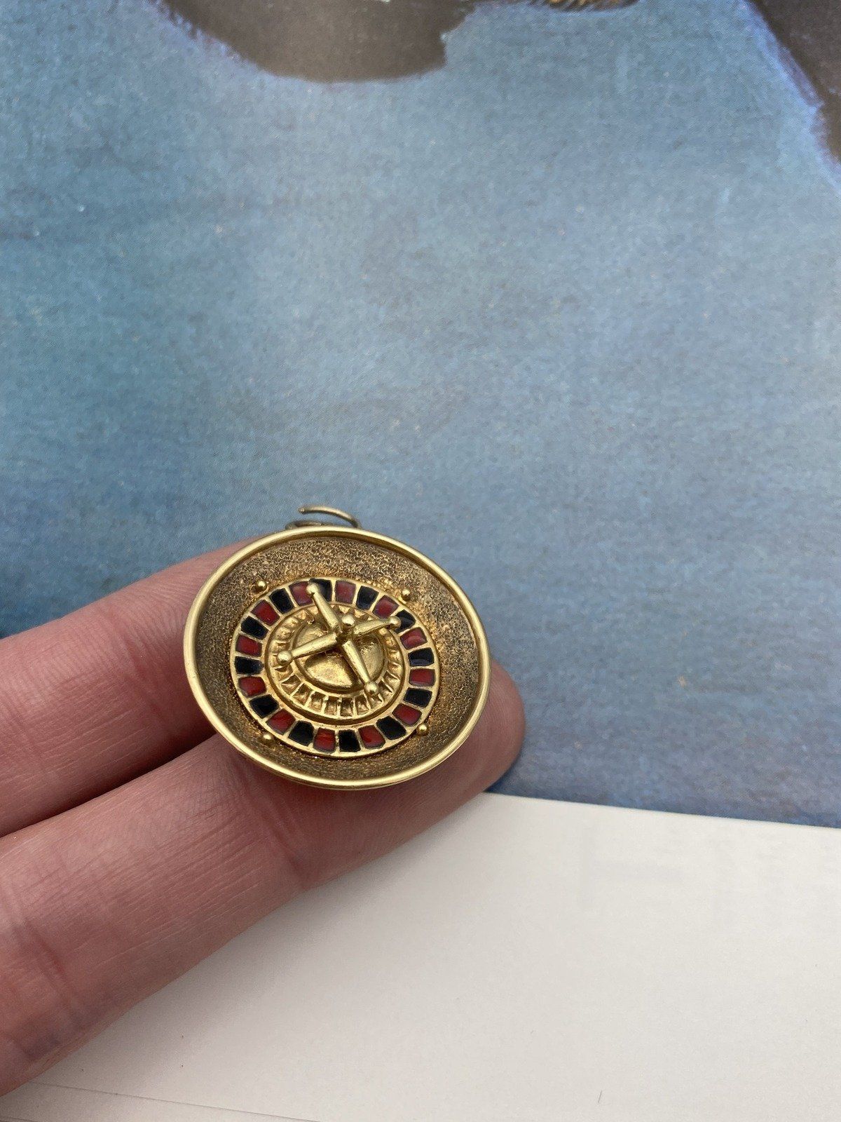 Cool Kinetic 18k Gold Vintage Mid Century c.1950s Roulette Wheel Casino Charm w Enamel Details + Green & Blue Chalcedony Posterior 4