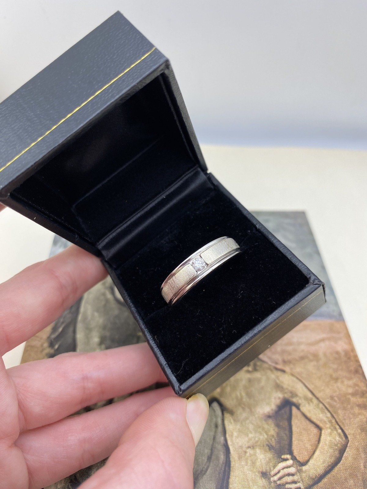 Men's Modern 14k Brushed & Polished White Gold .20ct Solitaire Diamond Wedding Band Ring 2
