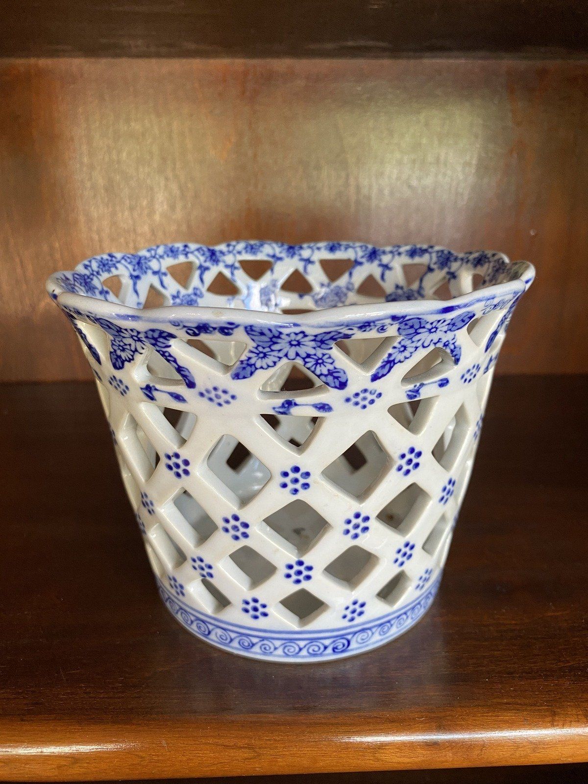 Vtg Reticulated Flow Blue Flower Pot Basket Planter by Andrea Sadek 3