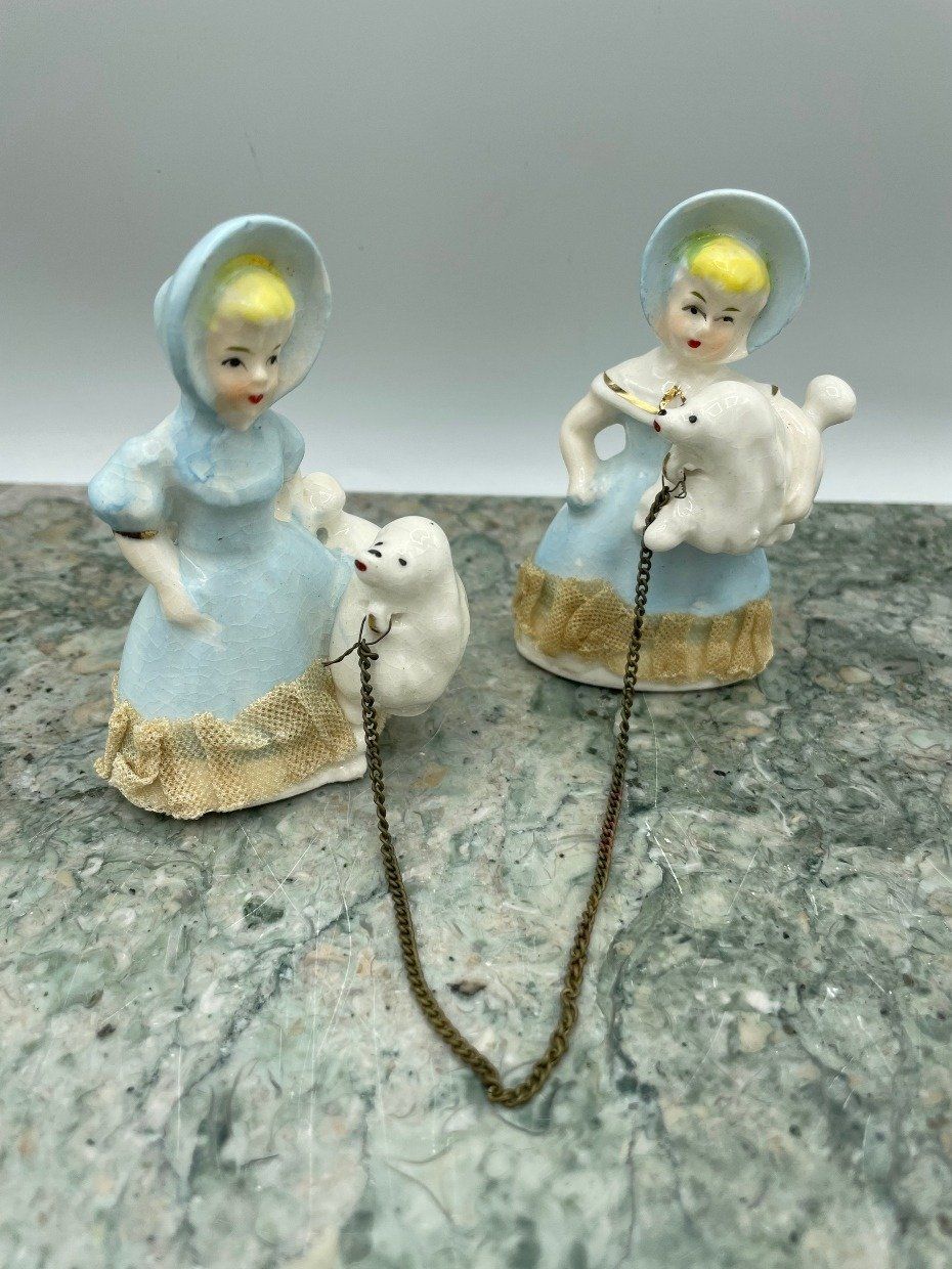 Antique Porcelain Figurines of Twin Gals w Leashed Poodles