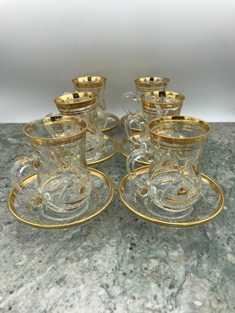 Set of 6 Gilt Detailed Pressed Glass Espresso Cups + Saucers 4